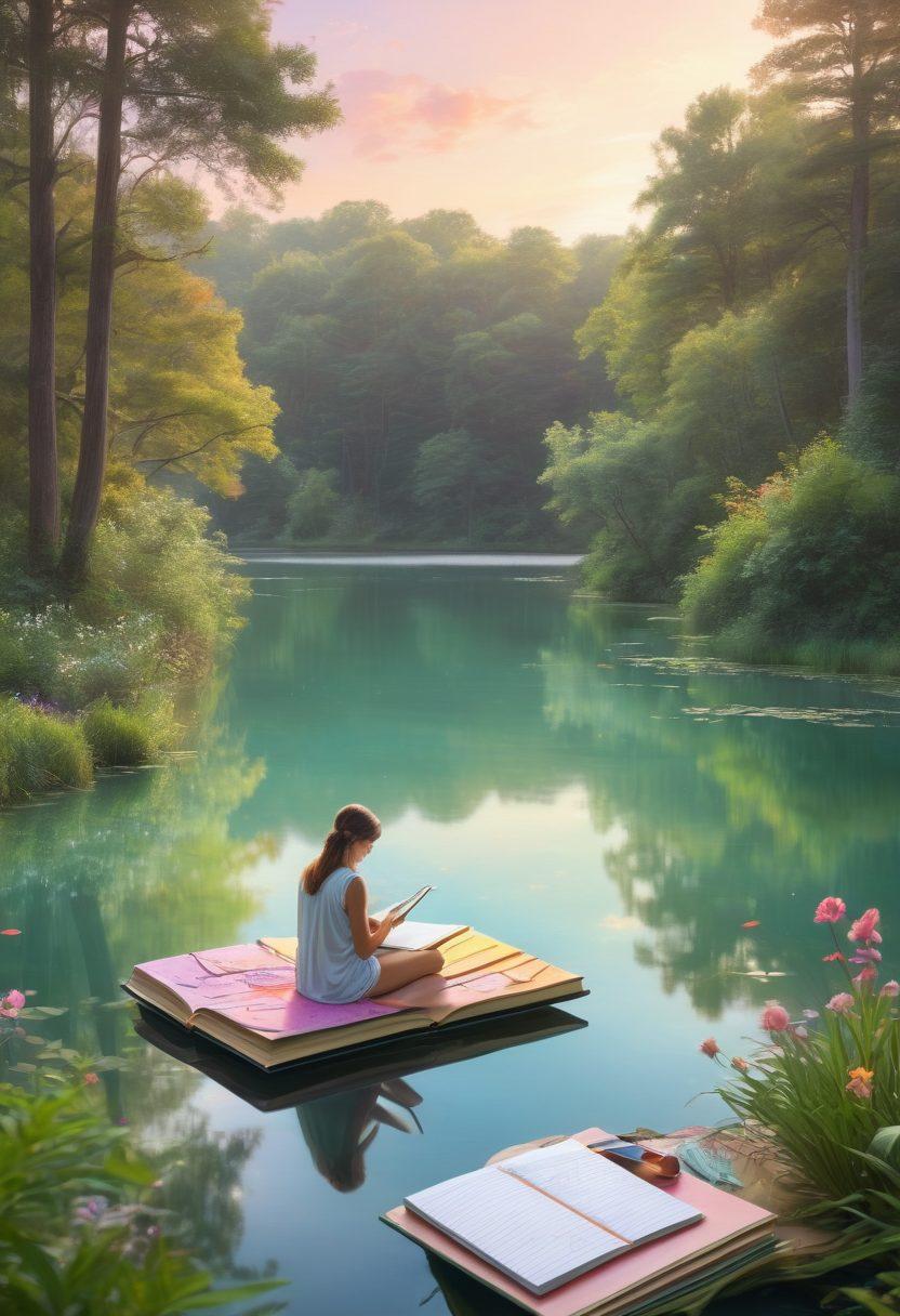 A serene landscape reflecting a tranquil lake surrounded by lush greenery, symbolizing introspection and creativity. In the foreground, a thoughtful INFP figure with a notepad, sketching ideas, embodying the essence of self-discovery. The background features whimsical elements like floating books and vibrant colors to convey imagination and inspiration. ethereal glow. soft pastel colors. super-realistic.