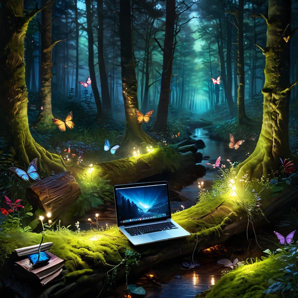 A serene path winding through a lush forest, symbolizing the journey of self-discovery, with ethereal glowing lights representing ideas along the way. Include an open laptop resting on a moss-covered log, surrounded by softly glowing butterflies. The scene should evoke creativity and introspection, with a dreamy, magical atmosphere. vibrant colors. painting.