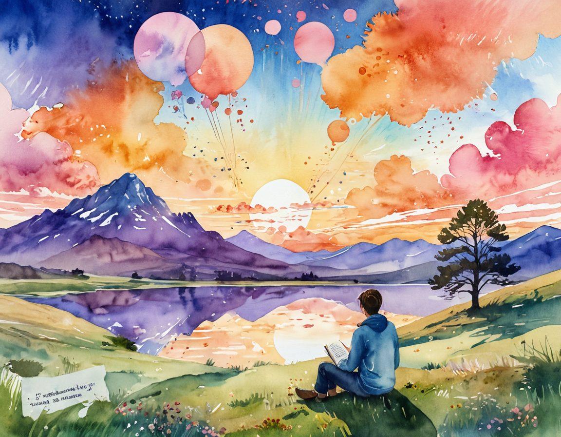 A serene scene of a person sitting cross-legged on a hilltop at sunset, surrounded by floating thought bubbles containing words like 'self-discovery', 'introspection', and 'storytelling'. The sky is filled with warm pastel colors blending into each other, creating a peaceful atmosphere. A gentle breeze rustles the grass, while a journal and pen lay beside them, inviting reflection. Background elements include trees and distant mountains. watercolor painting. vibrant colors.